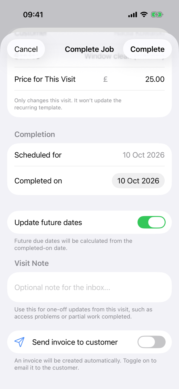 Example data: the iPhone completion screen for a fictional visit, showing the price and the option to email the invoice