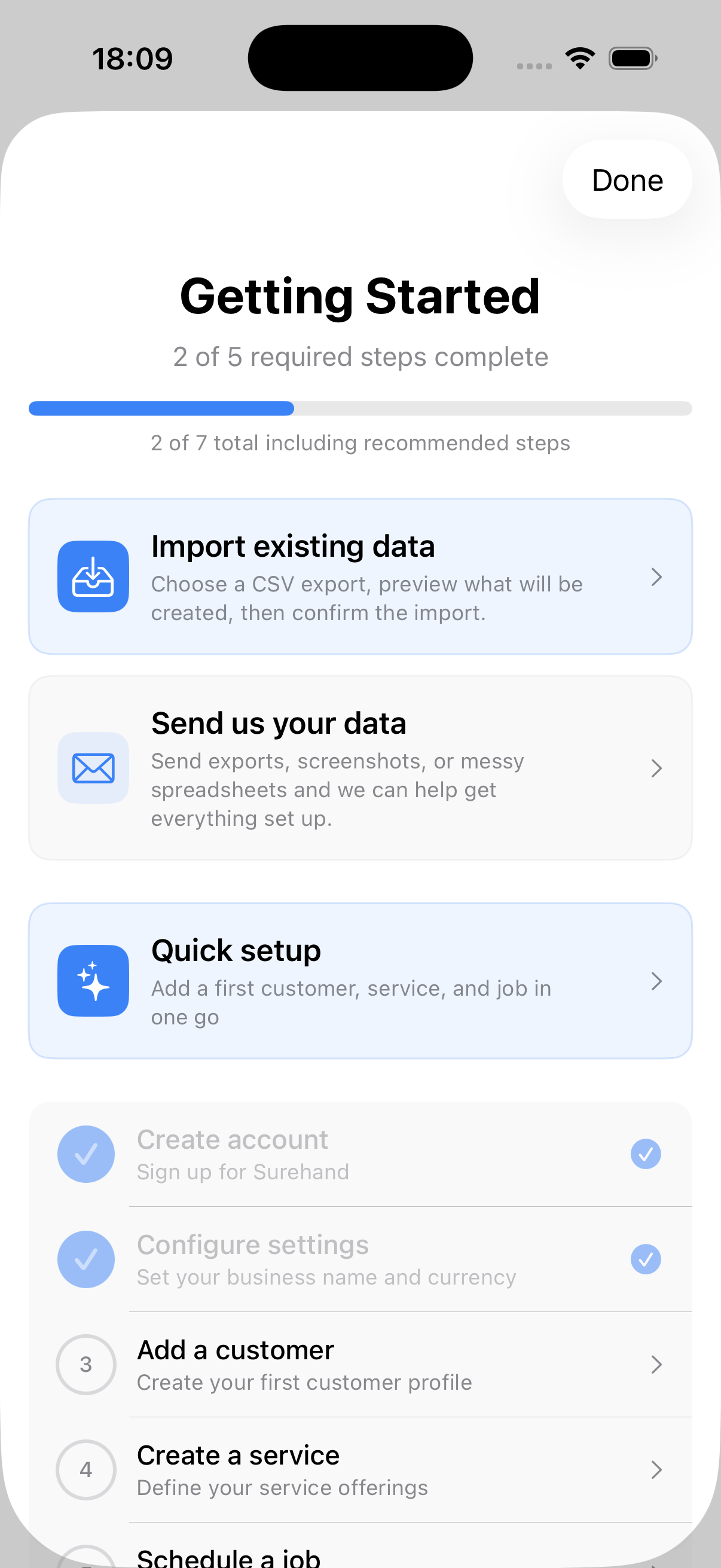 Example data: the current Getting Started checklist for a fictional new Surehand workspace on iPhone