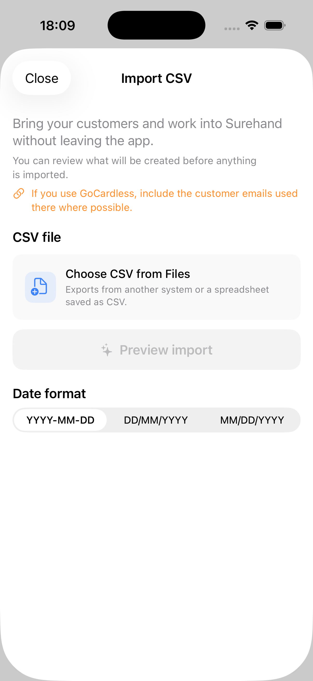 Example data: the current CSV import screen in a fictional new Surehand workspace on iPhone, before a file is selected