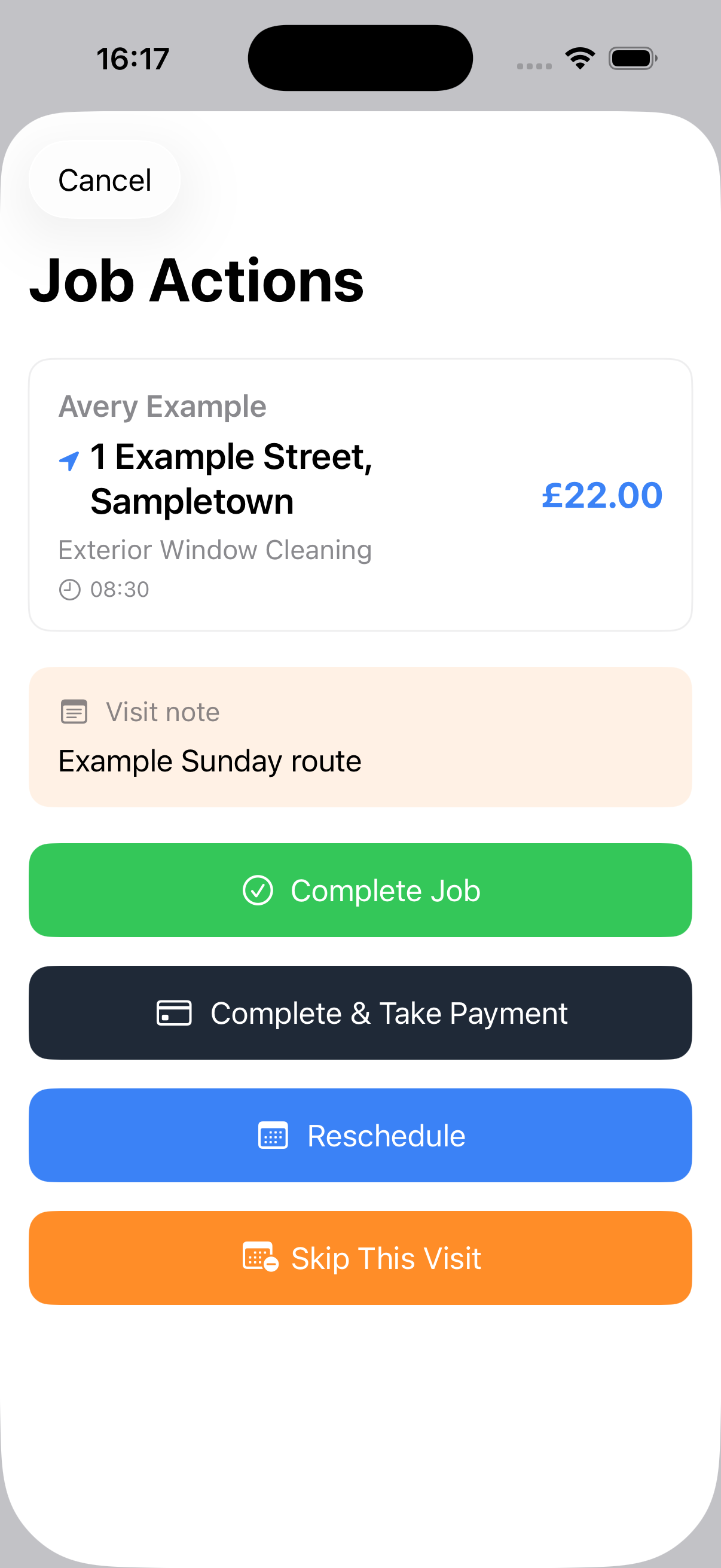 Example data: current job actions for a fictional window-cleaning visit on iPhone