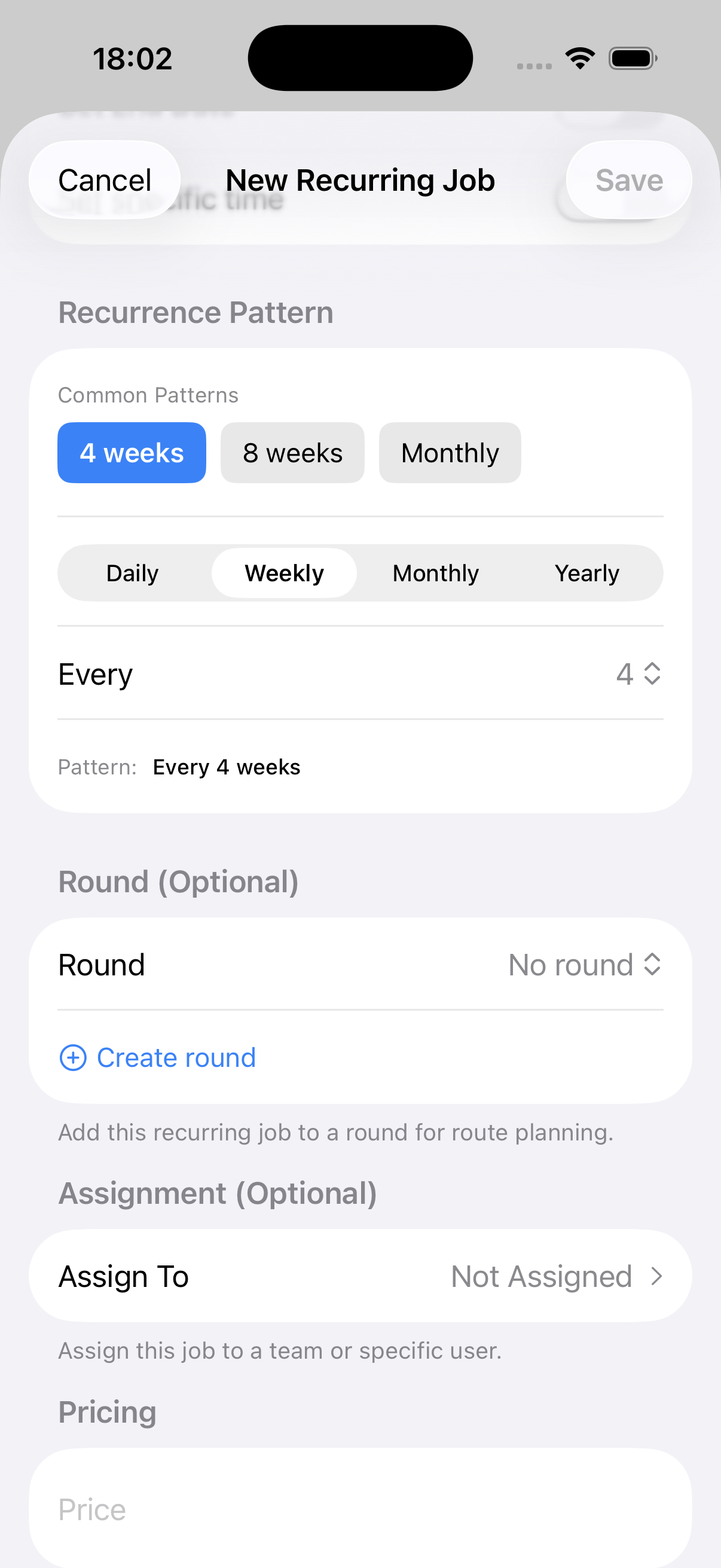 Example data: an unsaved four-weekly job for a fictional customer in the current Surehand iPhone app