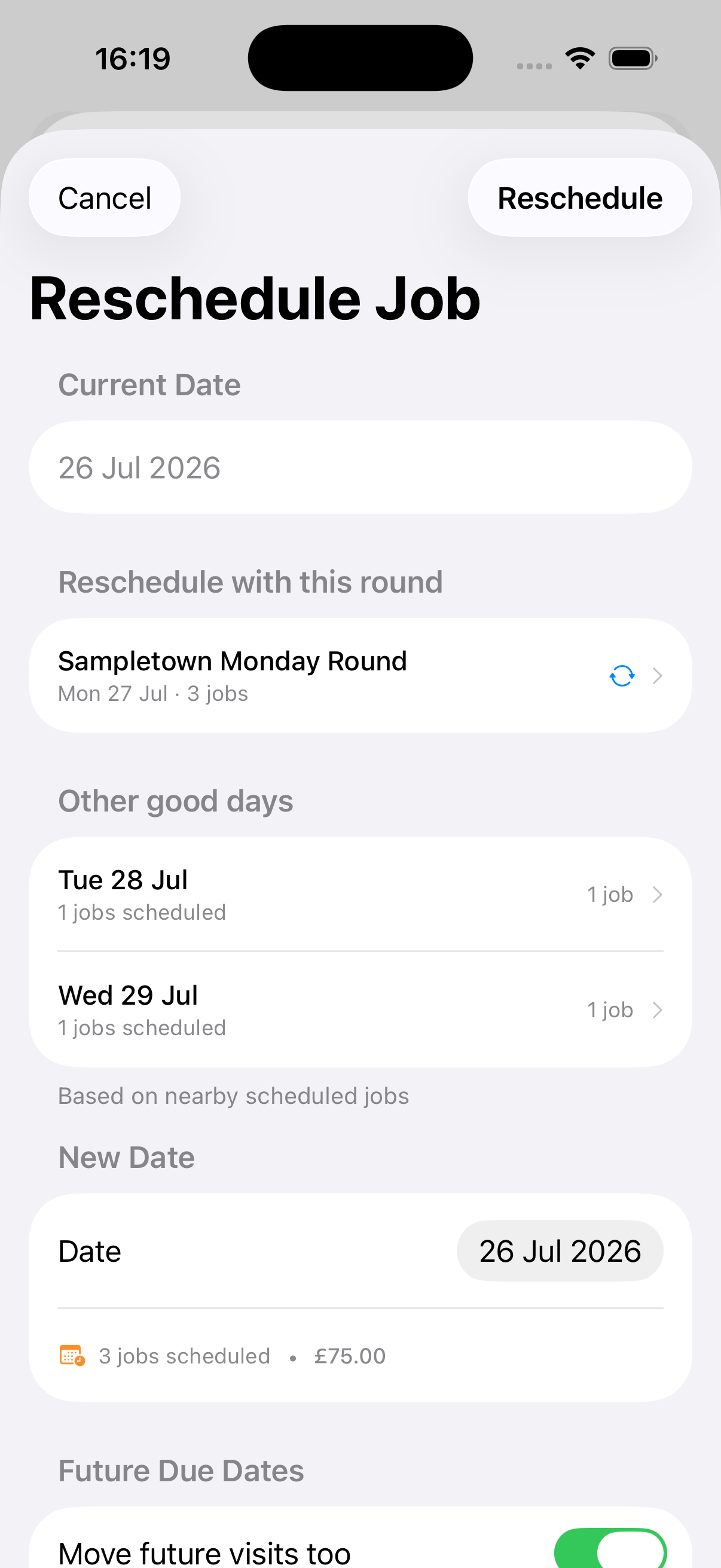 Example data: rescheduling a fictional recurring visit in the current Surehand iPhone app