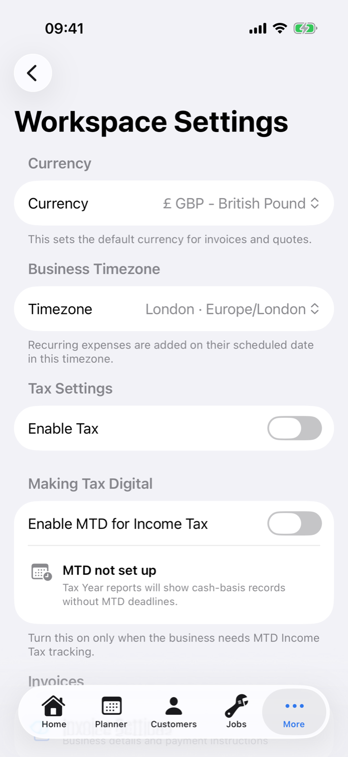 Example data: iPhone app More tab with the Workspace Settings row visible