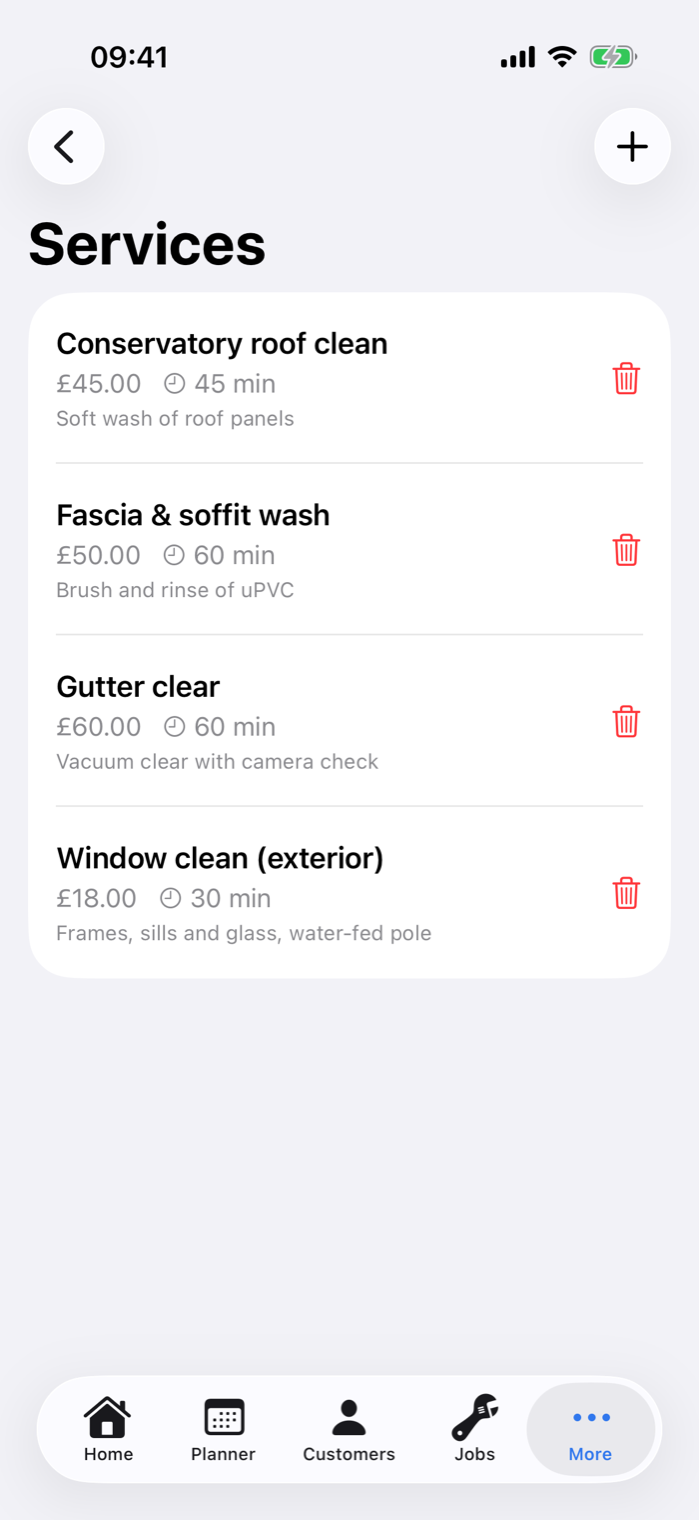 Example data: iPhone Workspace Settings screen with the Services row visible