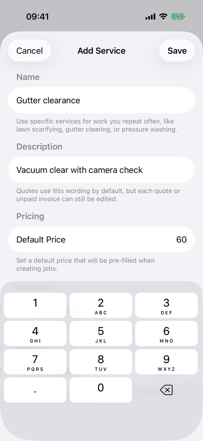 Example data: iPhone Add Service sheet with a fictional service name and Default Price filled in