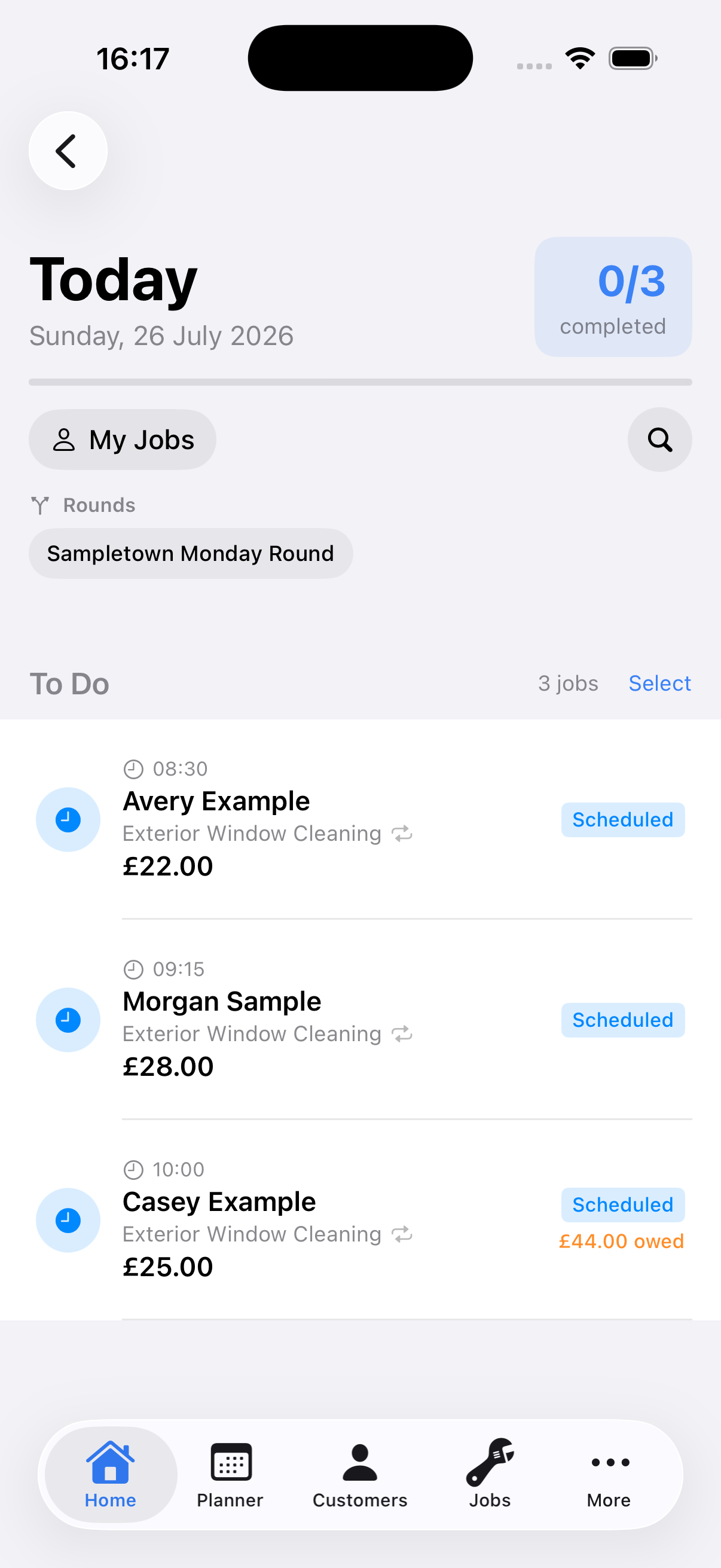 Example data: three fictional visits in the current Surehand Today screen on iPhone