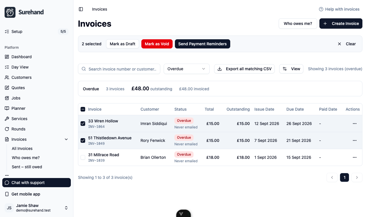 Example data: Invoices list on the web filtered to Overdue, two invoices ticked and the Send Payment Reminders action showing