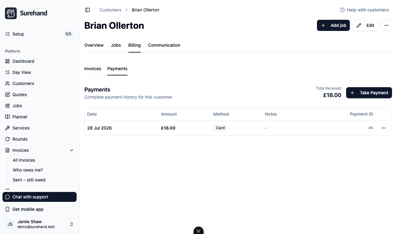 Example data: web customer profile on the Billing tab with Payments selected, Communication tab visible beside it