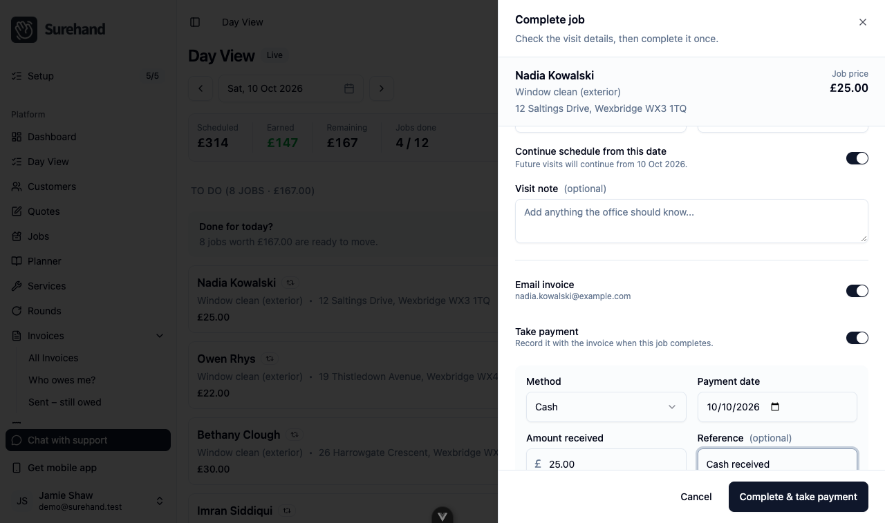 Example data: the web Complete job panel for a fictional window-cleaning visit, showing Price, Completed on, Continue schedule from this date, Visit note, Email invoice turned on, and Take payment turned on with Method, Payment date, Amount received and Reference filled in, and the Complete & take payment button