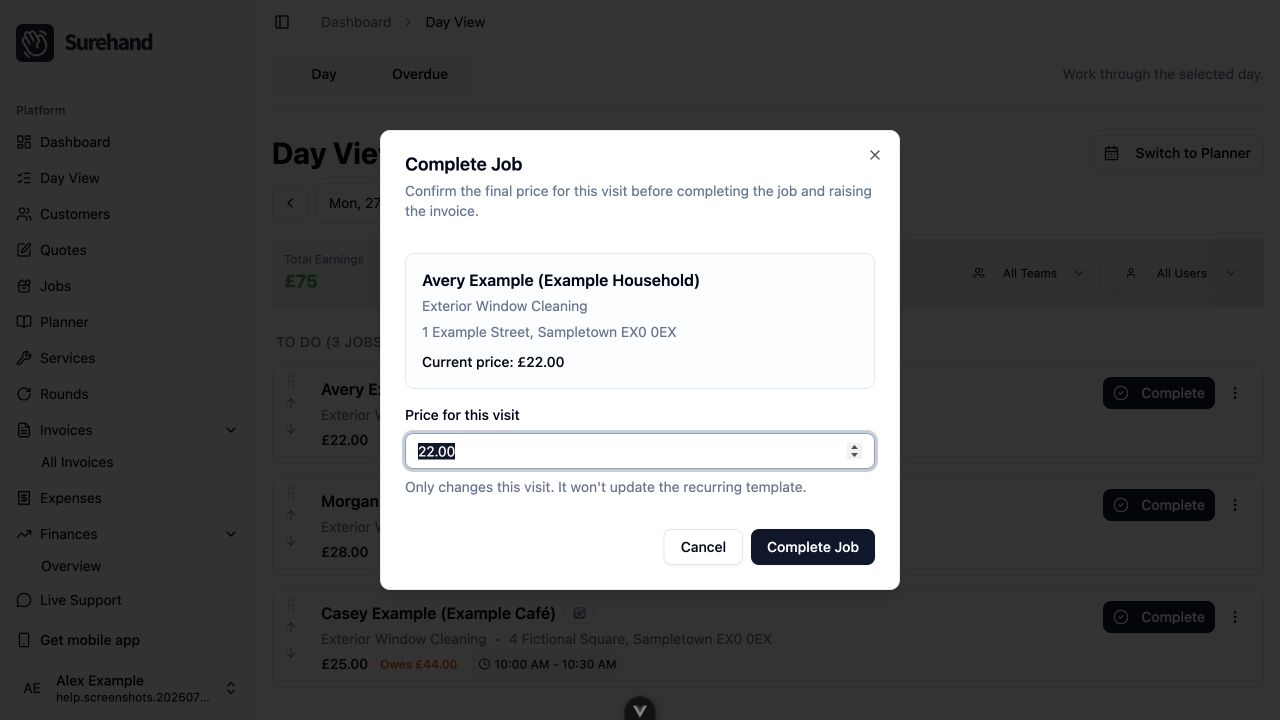 Example data: completing a fictional visit in the current Surehand web app