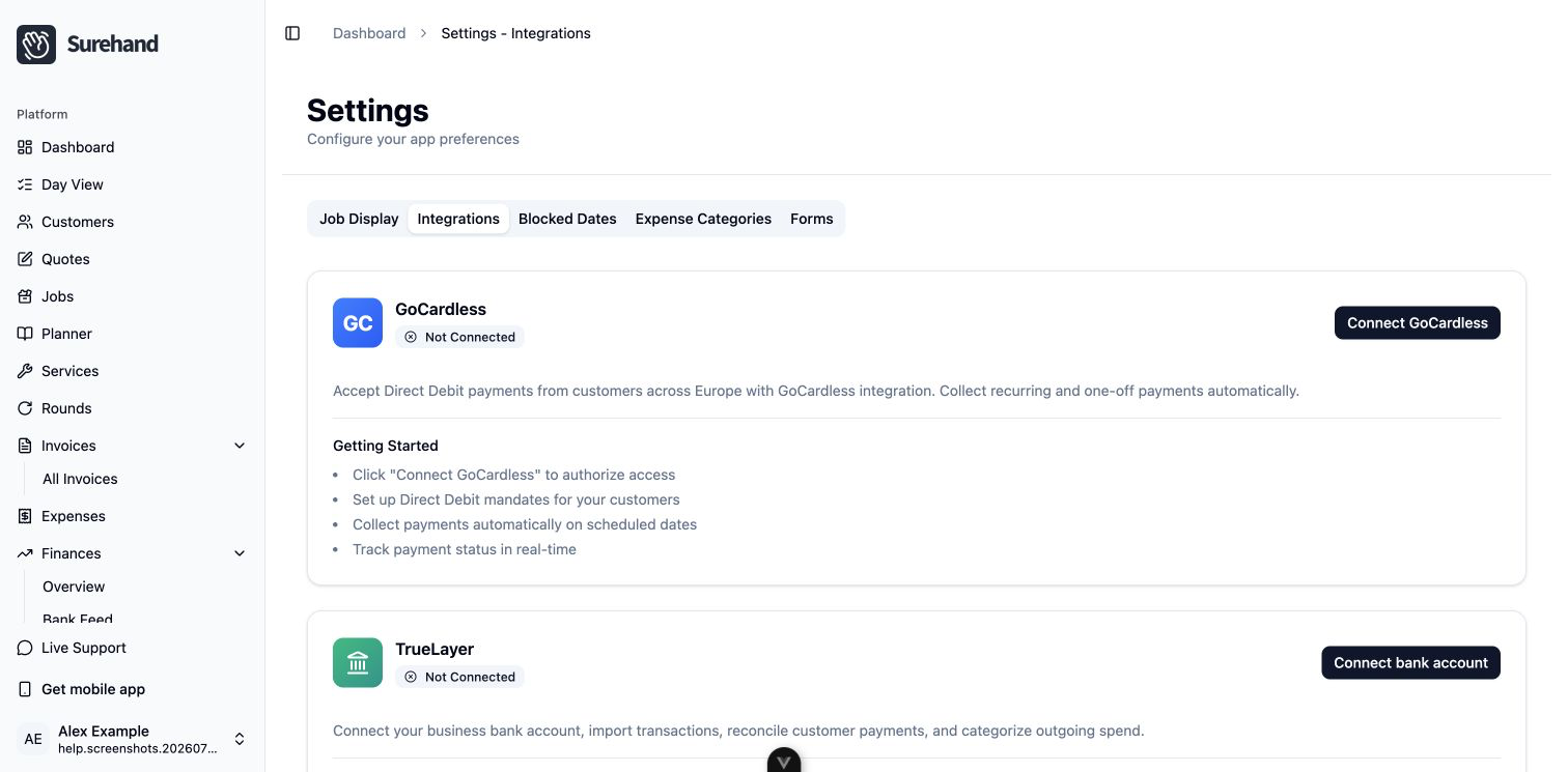 Example data: the current GoCardless connection option for the fictional Surehand Co workspace on the web