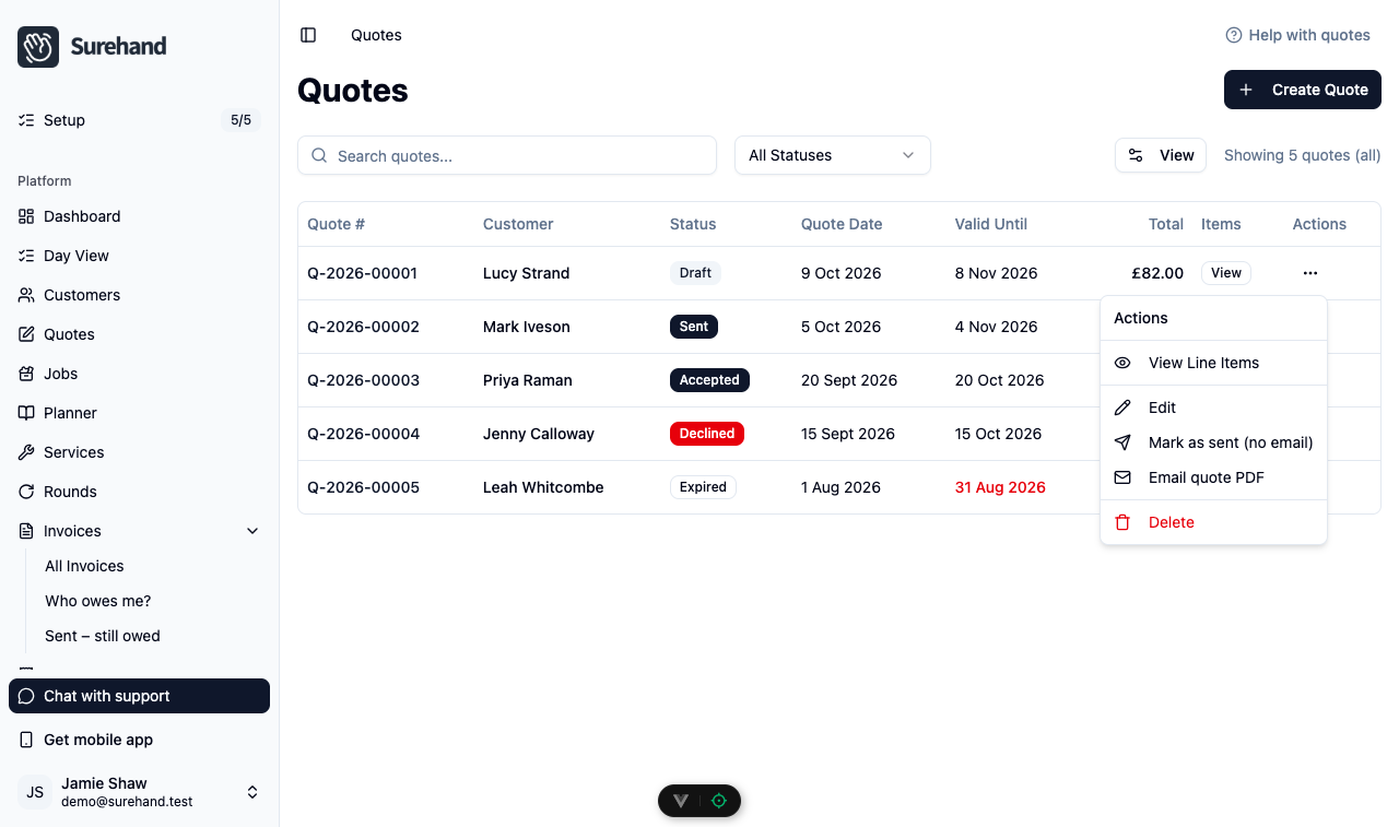Example data: the ⋯ menu open on a draft quote row in the web app, showing View Line Items, Edit, Mark as sent (no email), Email quote PDF and Delete