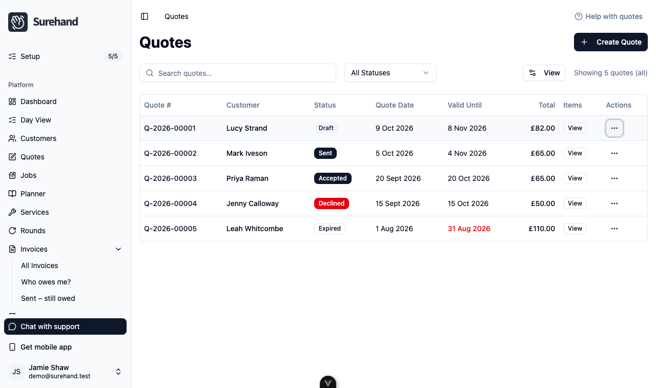 Example data: the Accept Quote? confirmation in the web app, showing the quote number, total and the note that the action cannot be undone