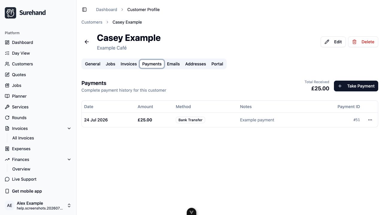 Example data: a fictional bank-transfer payment in the current Surehand web app