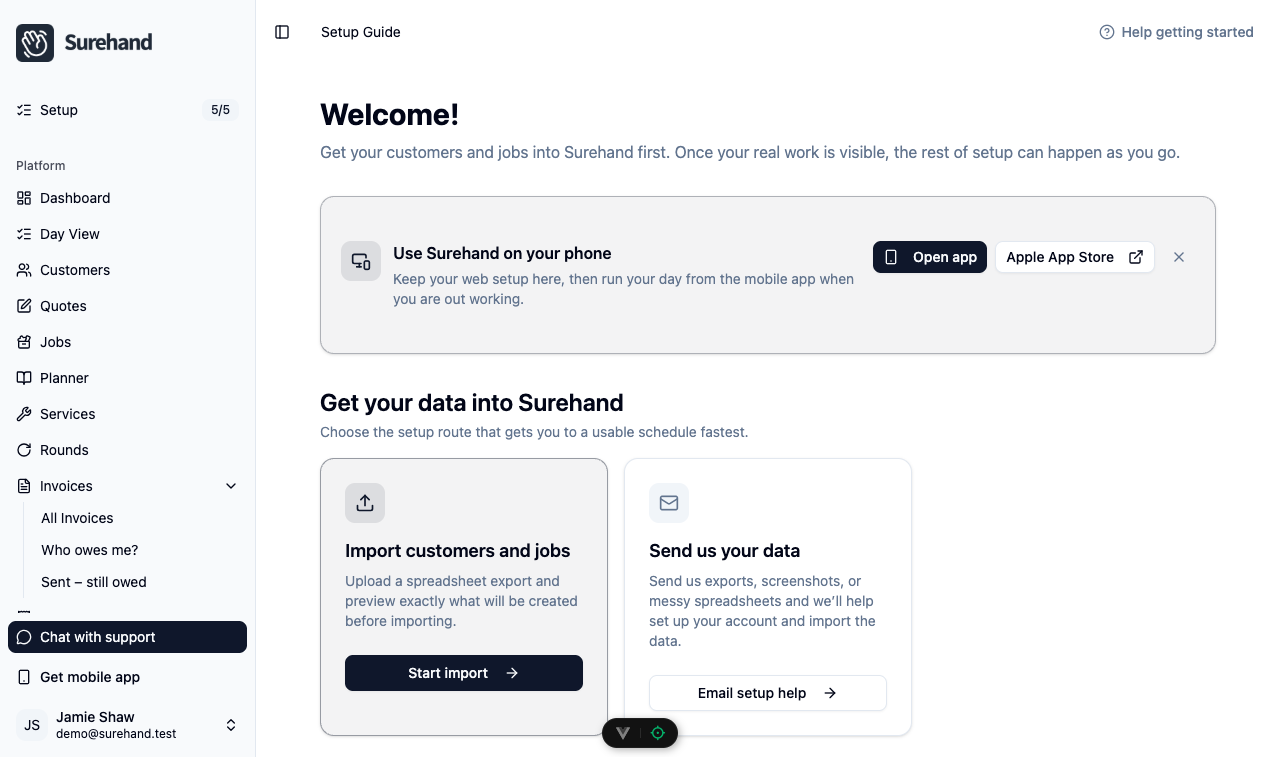 Example data: the web app sidebar with Setup and its progress badge (for example 2/5) at the top, and the Setup guide checklist open beside it, using fictional workspace data