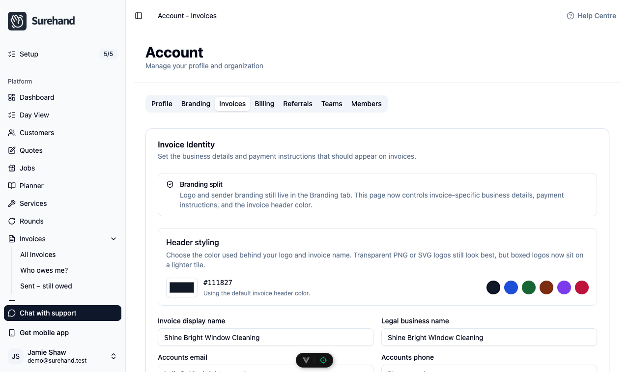 Example data: web settings showing the business profile, branding and invoice details for a fictional workspace