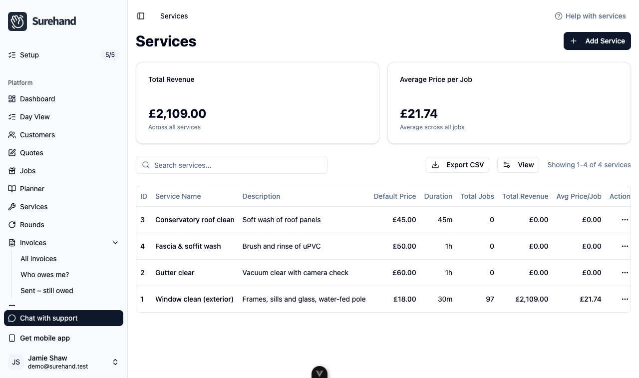 Example data: the web Services page listing a few fictional window-cleaning services, each with a name and price
