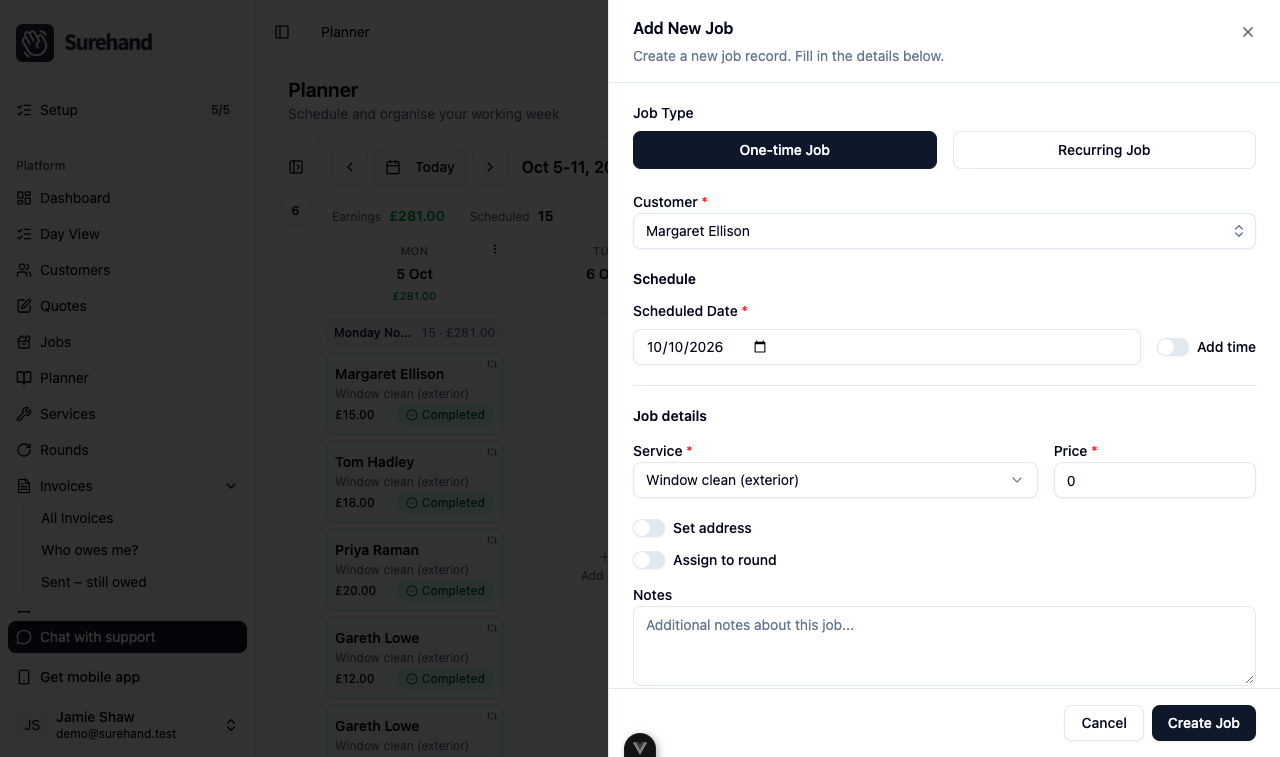 Example data: the web Planner with the new job form open, a fictional customer and service selected for a one-off job