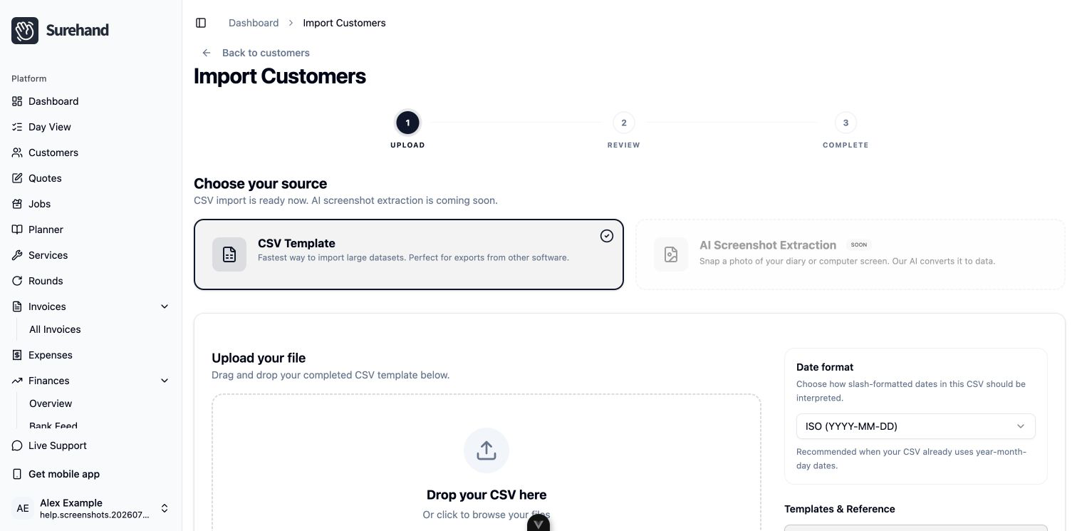 Example data: the current customer import screen in the fictional Surehand Co workspace on the web, before a file is selected