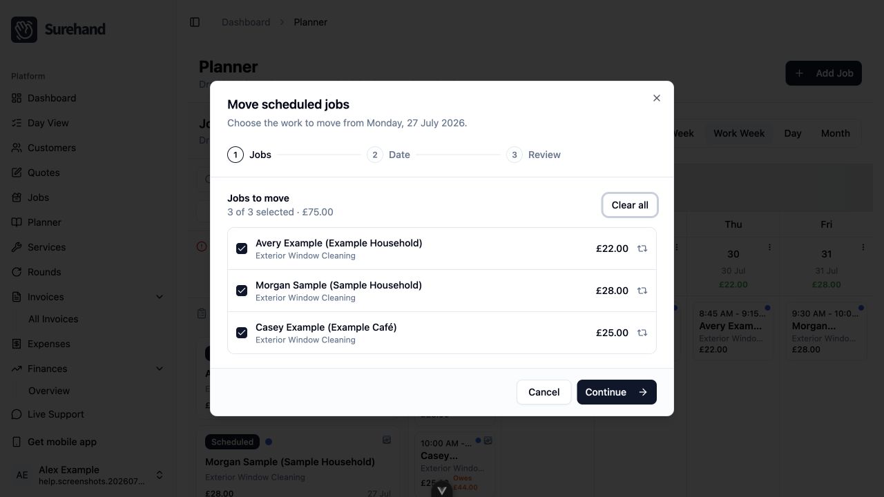 Example data: moving several fictional scheduled jobs in the current Surehand web app