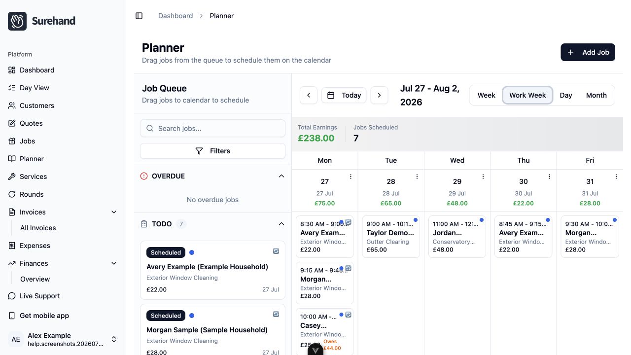 Example data: a fictional work week in the current Surehand web planner