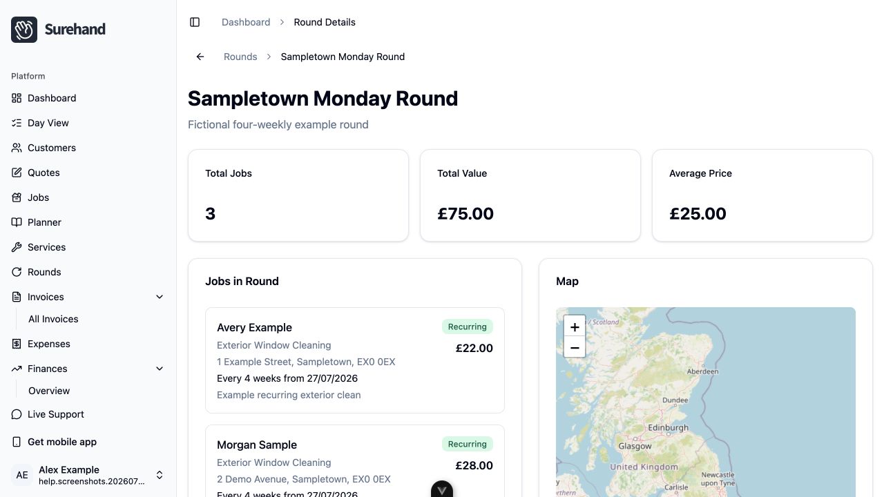 Example data: a fictional four-weekly round in the current Surehand web app