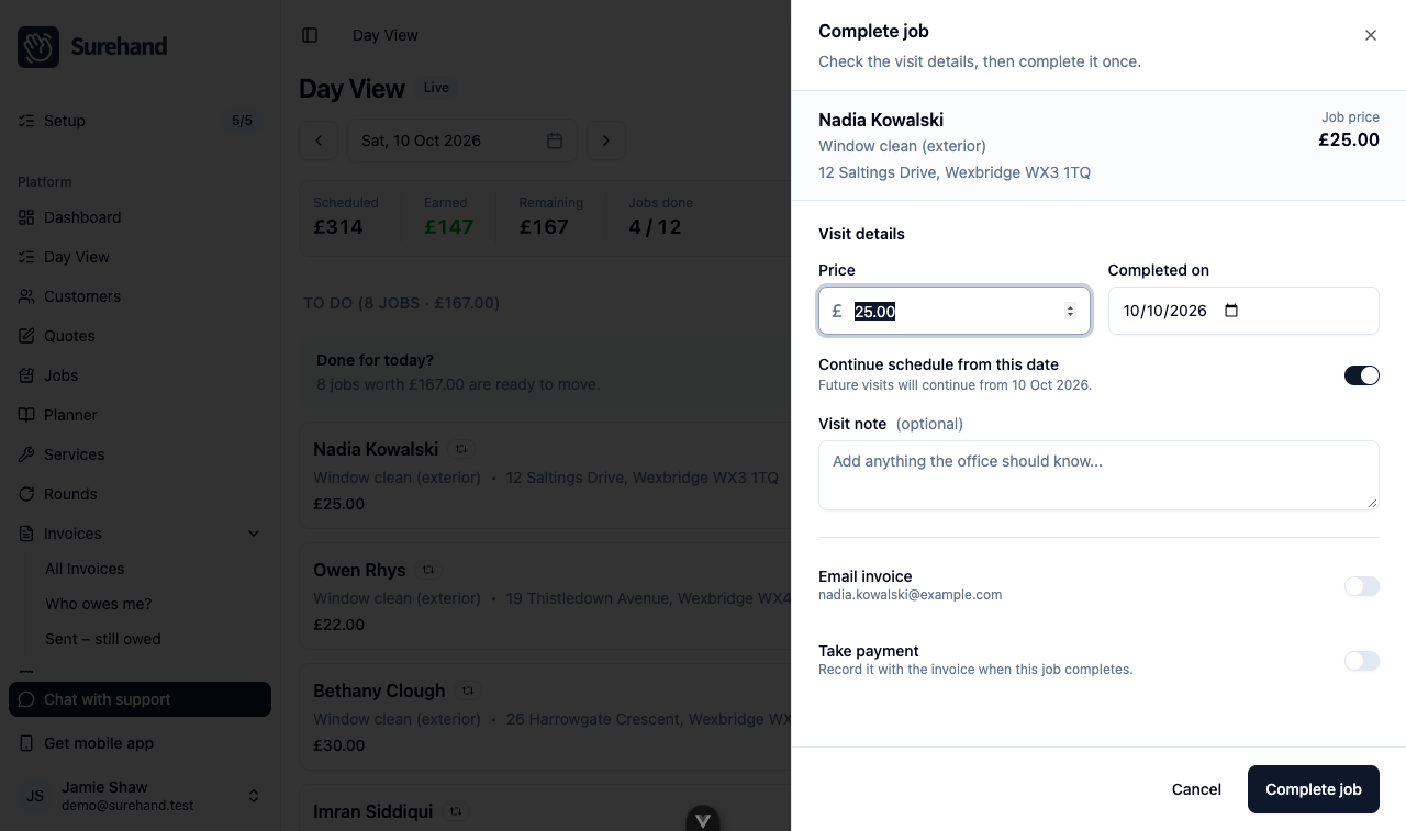 Example data: Web Day View with the Complete job panel open for a fictional window-cleaning visit, showing Price, Completed on, Continue schedule from this date, Visit note, Email invoice and Take payment