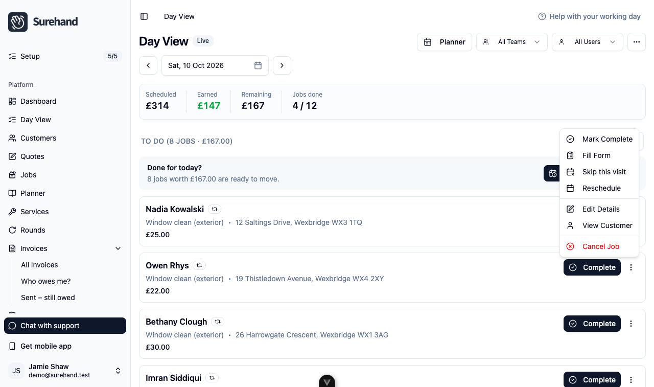Example data: Web Day View with the more menu (⋮) open on a scheduled recurring job, showing Mark Complete, Fill Form, Skip this visit and Reschedule