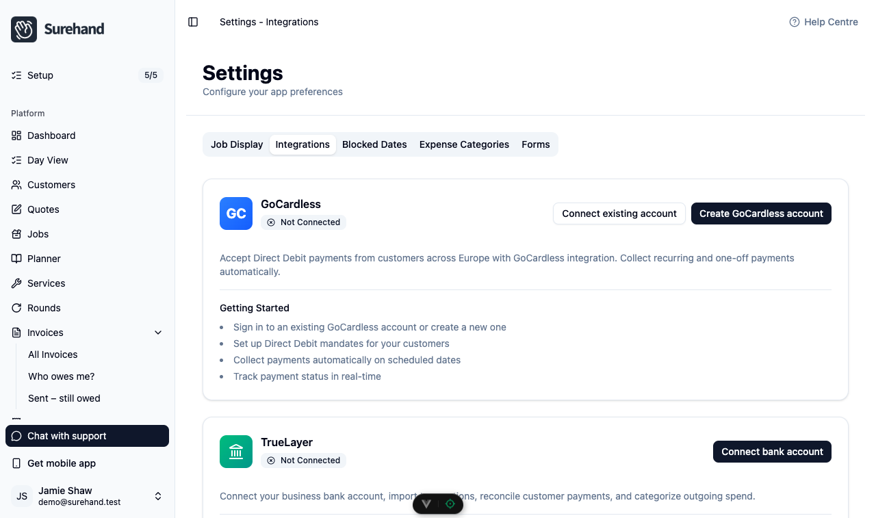 Example data: Settings → Integrations on the web, GoCardless card showing Not Connected with the Connect existing account and Create GoCardless account buttons (fictional example workspace)
