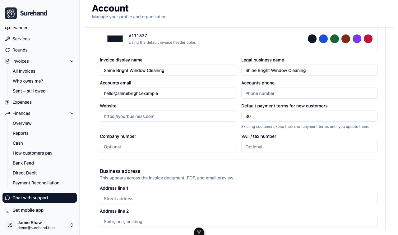 Example data: Account → Invoices in the Surehand web app, showing the Invoice Identity card with fictional business name, accounts contact details, company number and VAT number filled in