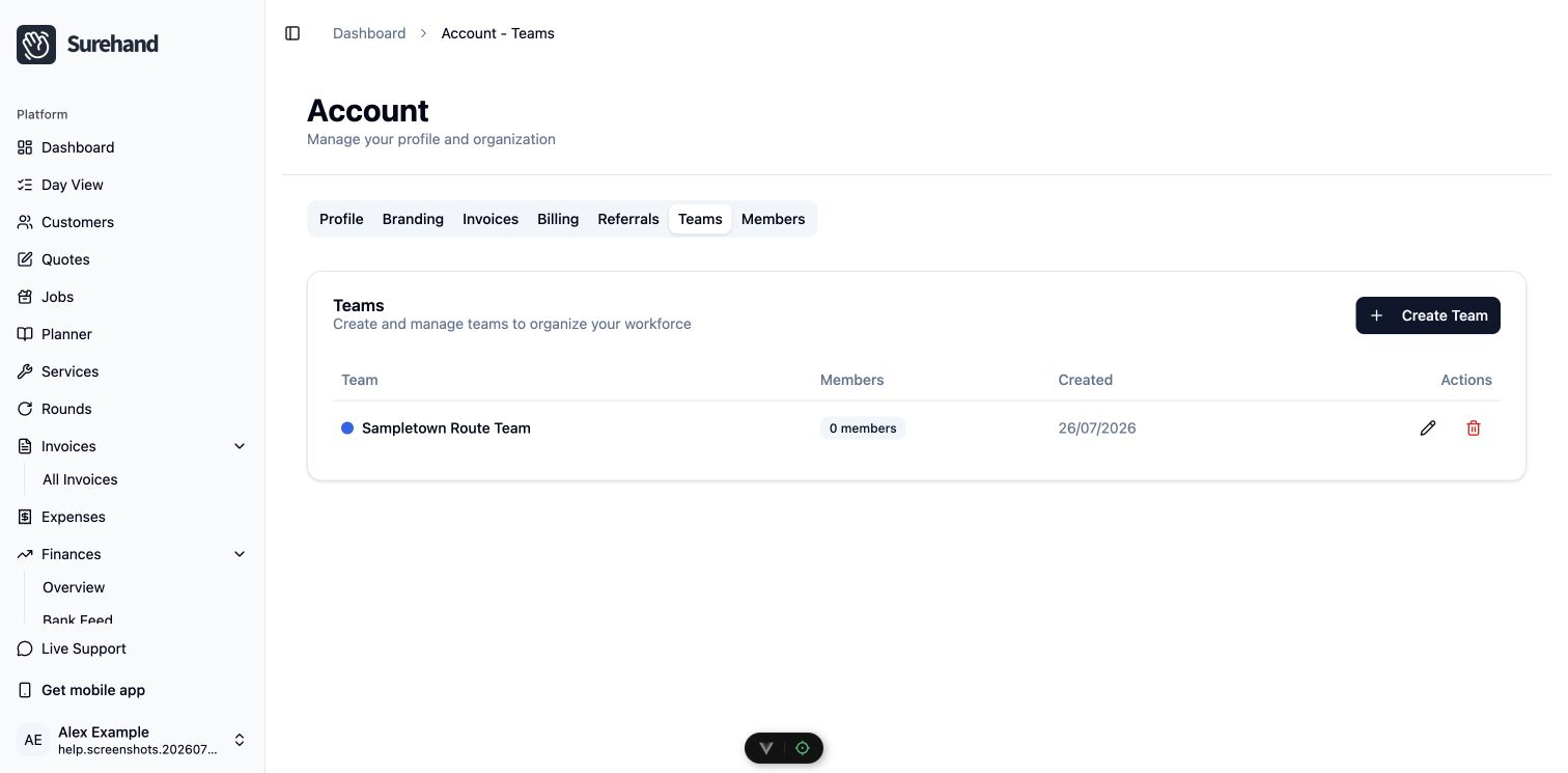Example data: a fictional route team in the current Surehand web app
