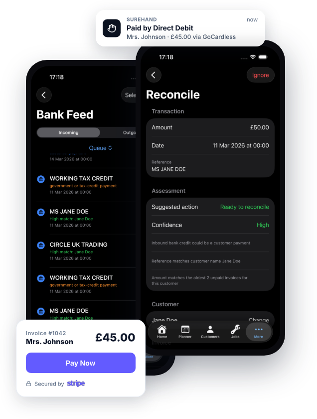 Example data: fictional Direct Debit and bank reconciliation records on iPhone